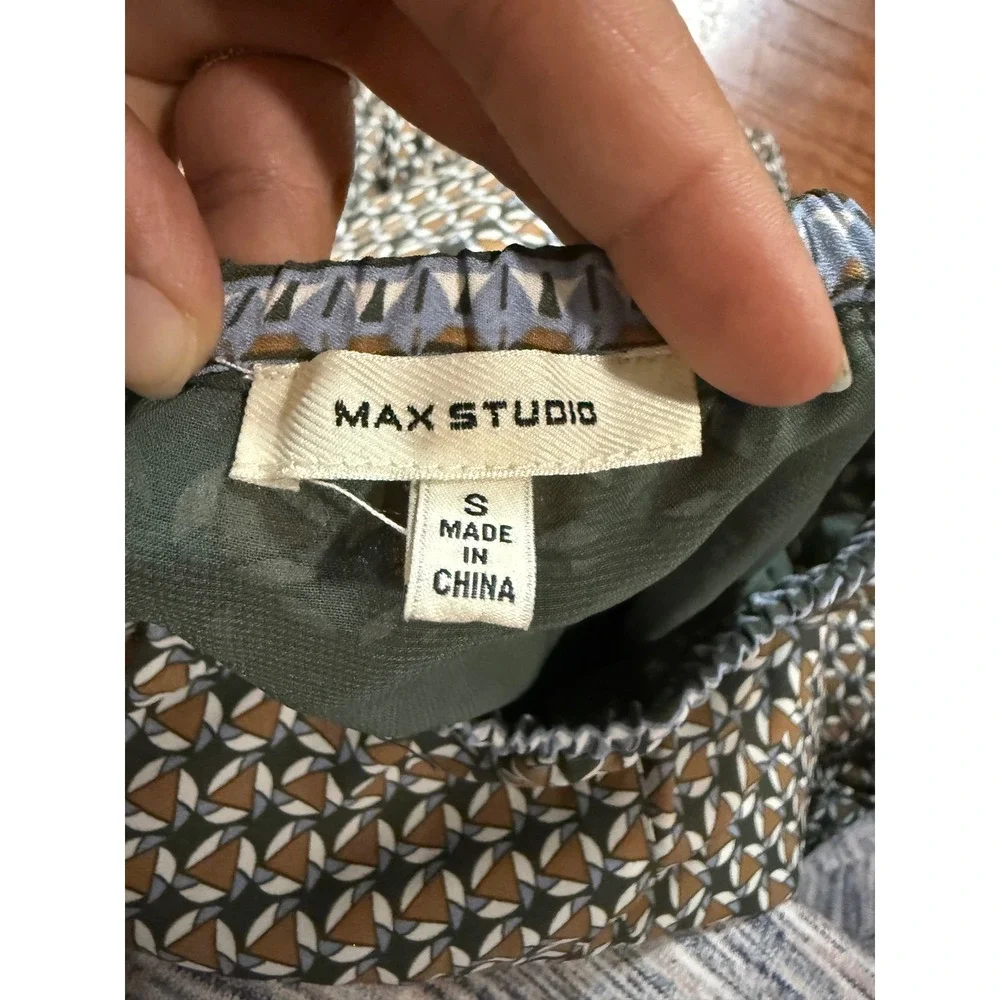 Max Studio Womens Geometric Print High Low Midi Skirt Green Tan Small - Picture 4 of 6